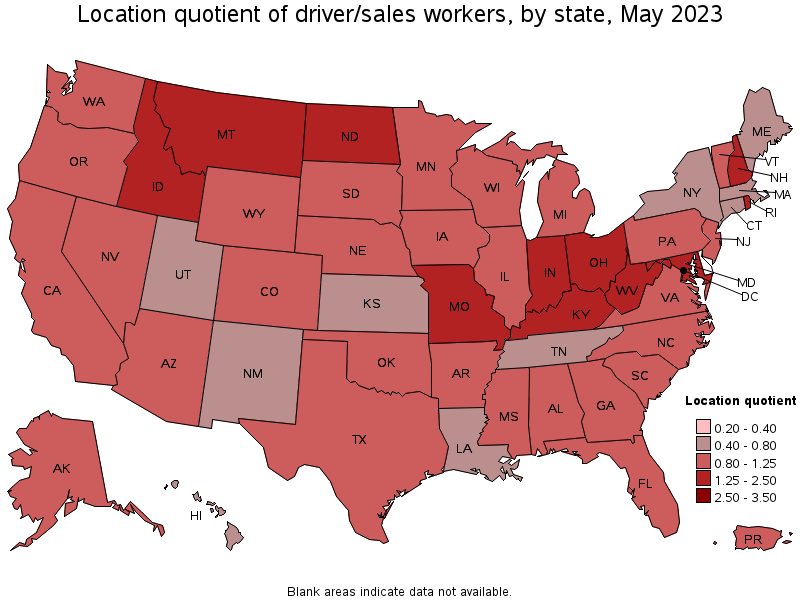 Map of location quotient of driver/sales workers by state, May 2021