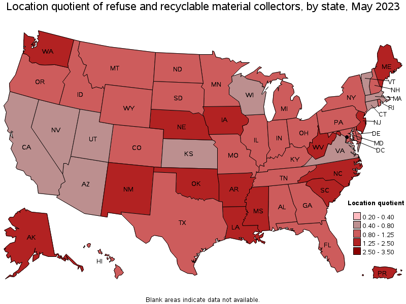Map of location quotient of refuse and recyclable material collectors by state, May 2021