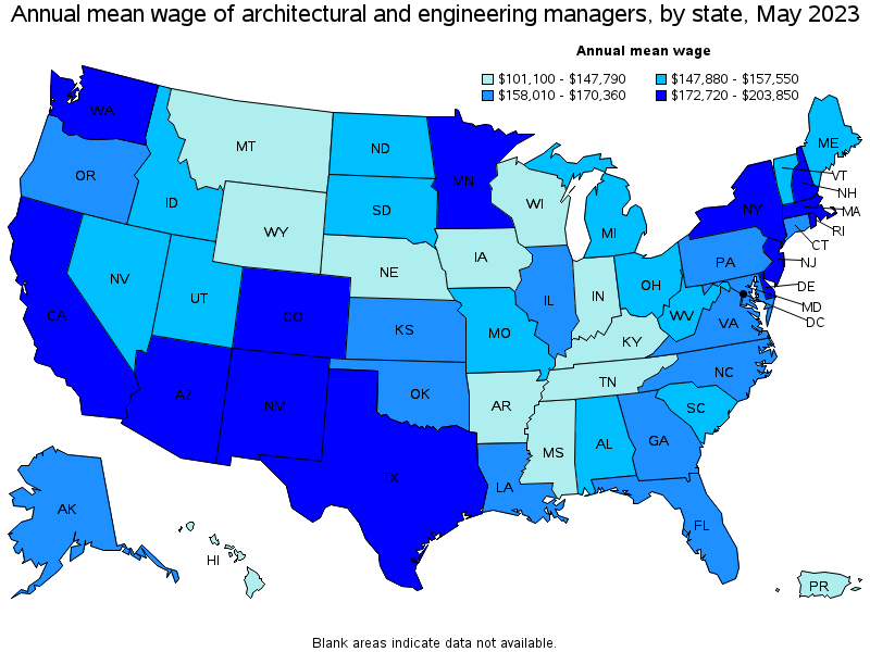 Map of annual mean wages of architectural and engineering managers by state, May 2021