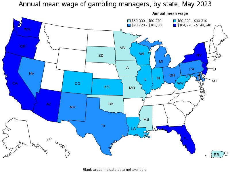 Map of annual mean wages of gambling managers by state, May 2022