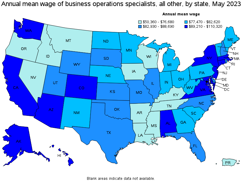Map of annual mean wages of business operations specialists, all other by state, May 2021