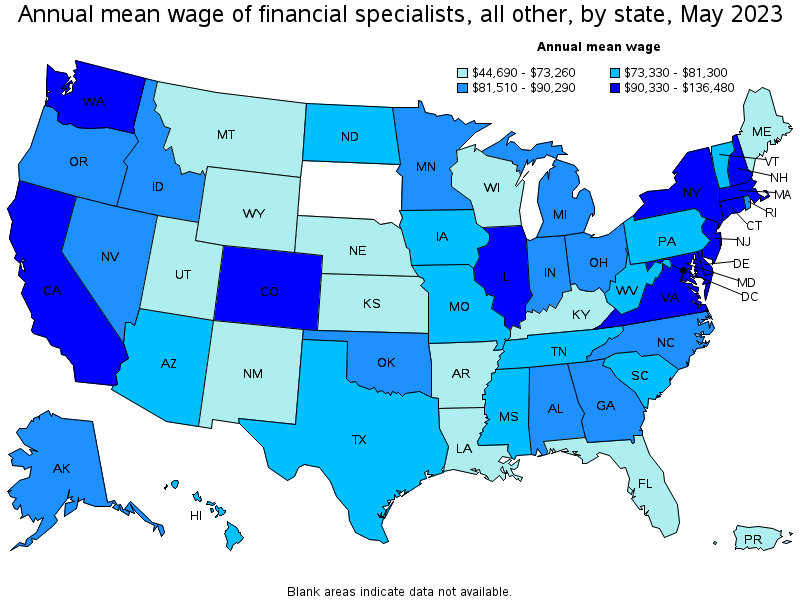 Map of annual mean wages of financial specialists, all other by state, May 2022