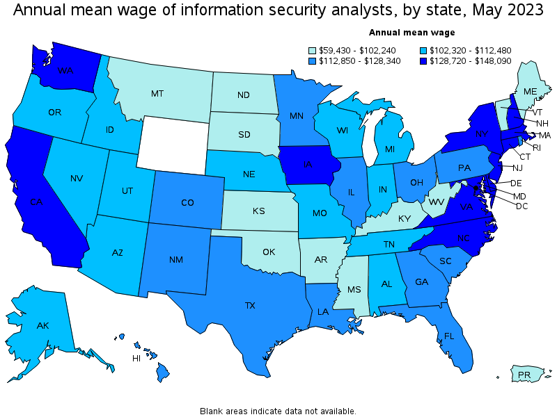 Map of annual mean wages of information security analysts by state, May 2021