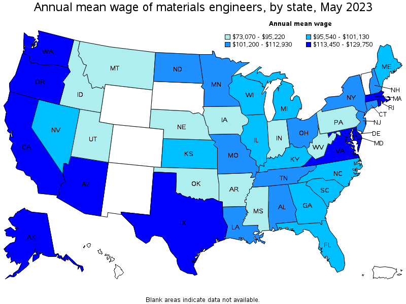 Map of annual mean wages of materials engineers by state, May 2021