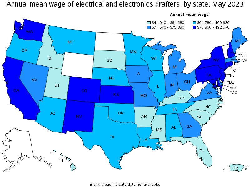 Map of annual mean wages of electrical and electronics drafters by state, May 2021