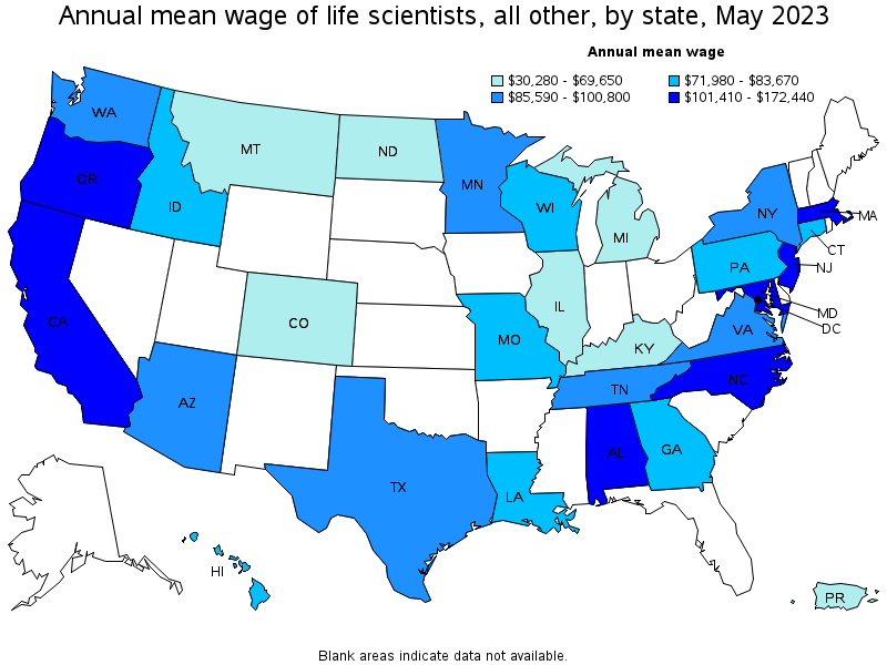 Map of annual mean wages of life scientists, all other by state, May 2022