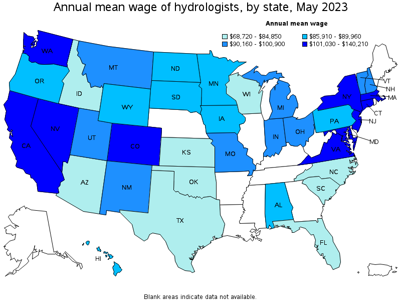 Map of annual mean wages of hydrologists by state, May 2021