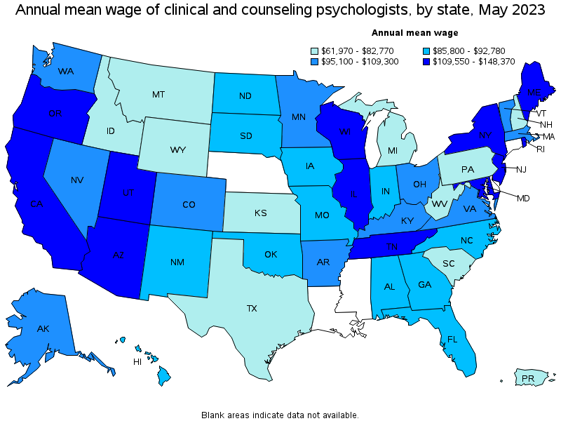 Map of annual mean wages of clinical and counseling psychologists by state, May 2022