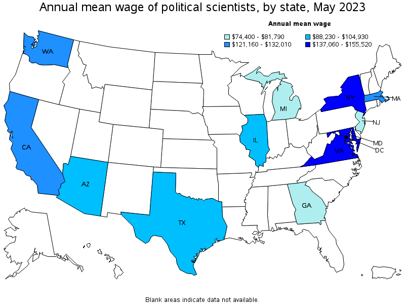 Map of annual mean wages of political scientists by state, May 2021