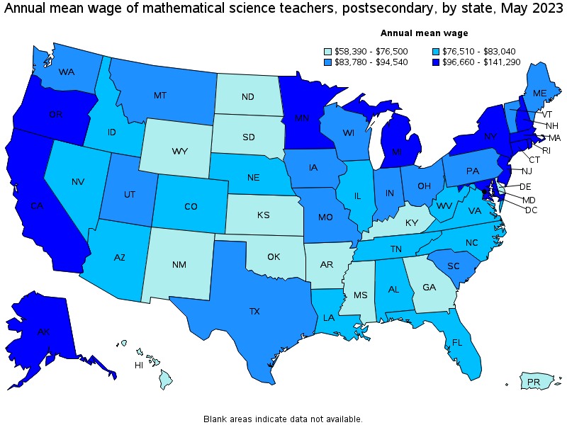 Map of annual mean wages of mathematical science teachers, postsecondary by state, May 2021