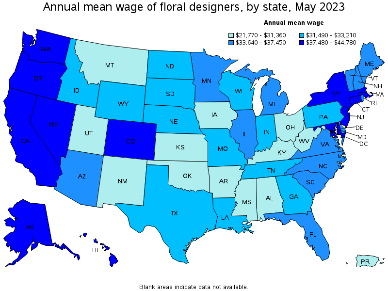 Map of annual mean wages of floral designers by state, May 2021