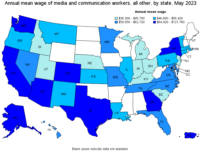 Map of annual mean wages of media and communication workers, all other by state, May 2022