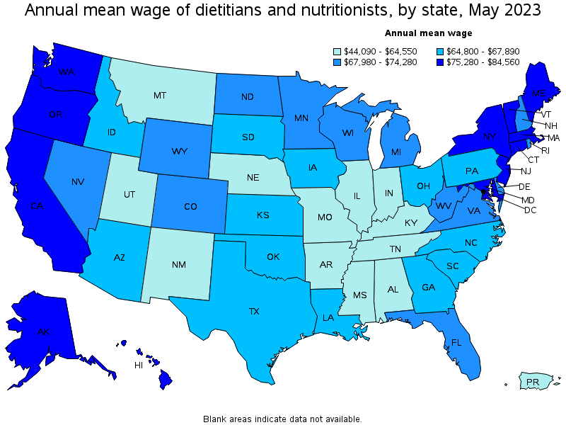 Map of annual mean wages of dietitians and nutritionists by state, May 2022