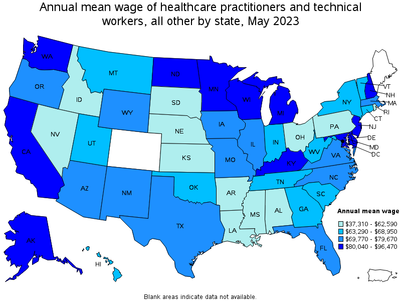 Map of annual mean wages of healthcare practitioners and technical workers, all other by state, May 2021