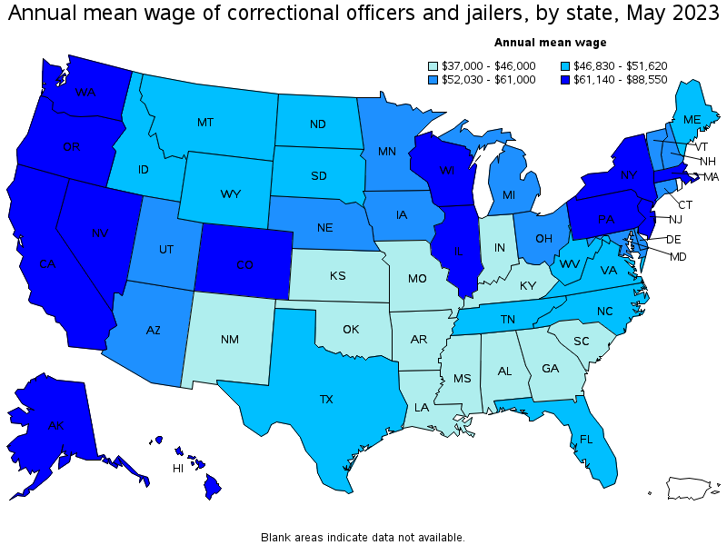 Map of annual mean wages of correctional officers and jailers by state, May 2021