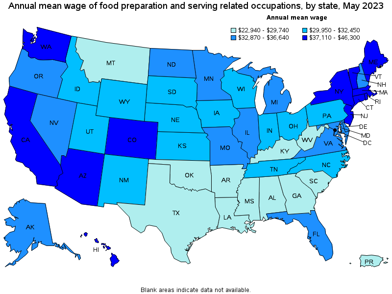 Map of annual mean wages of food preparation and serving related occupations by state, May 2021