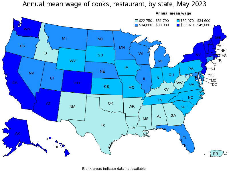 Map of annual mean wages of cooks, restaurant by state, May 2022