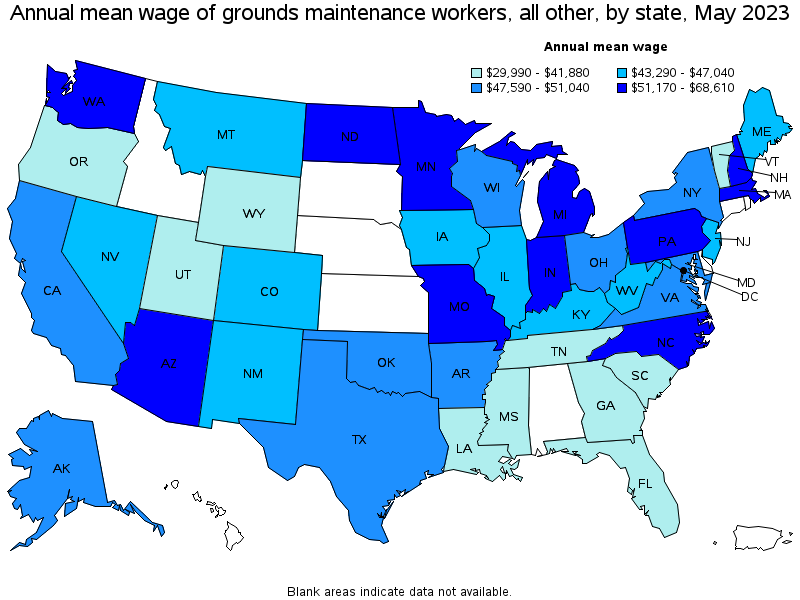 Map of annual mean wages of grounds maintenance workers, all other by state, May 2022