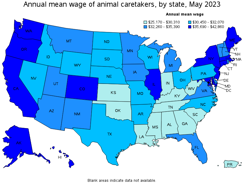 Map of annual mean wages of animal caretakers by state, May 2022