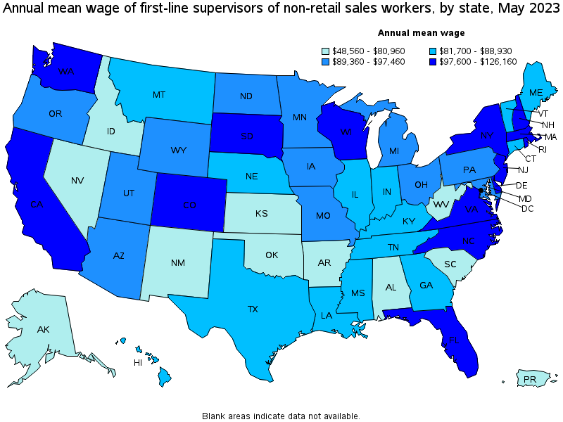 Map of annual mean wages of first-line supervisors of non-retail sales workers by state, May 2021