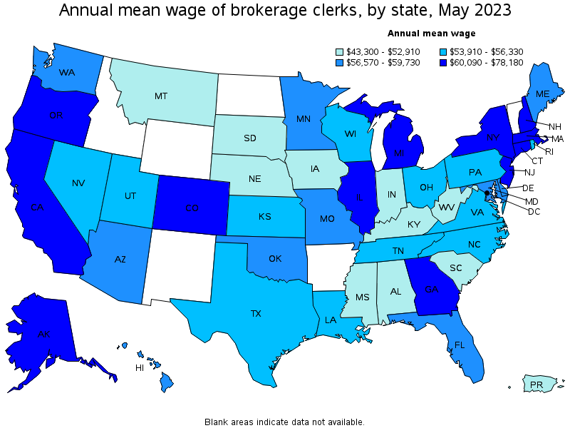 Map of annual mean wages of brokerage clerks by state, May 2021