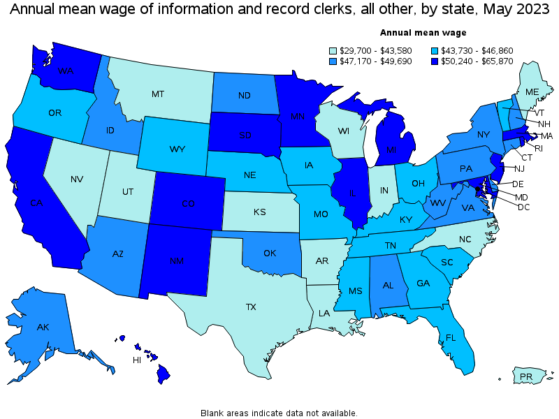 Map of annual mean wages of information and record clerks, all other by state, May 2021