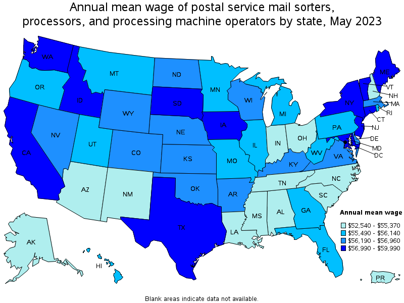 Map of annual mean wages of postal service mail sorters, processors, and processing machine operators by state, May 2021