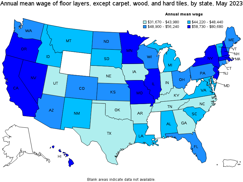 Map of annual mean wages of floor layers, except carpet, wood, and hard tiles by state, May 2021