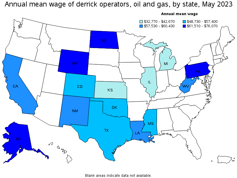 Map of annual mean wages of derrick operators, oil and gas by state, May 2021