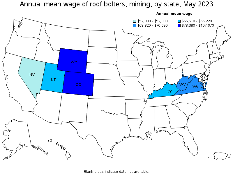 Map of annual mean wages of roof bolters, mining by state, May 2021