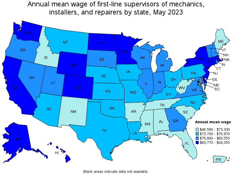Map of annual mean wages of first-line supervisors of mechanics, installers, and repairers by state, May 2021