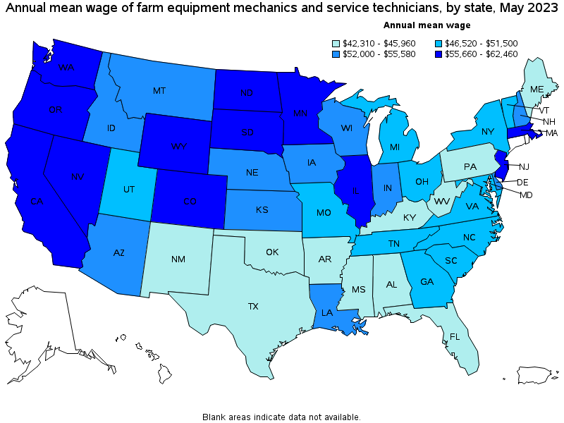 Map of annual mean wages of farm equipment mechanics and service technicians by state, May 2021