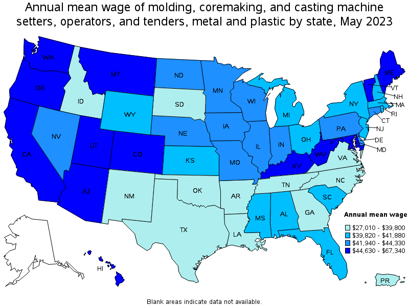 Map of annual mean wages of molding, coremaking, and casting machine setters, operators, and tenders, metal and plastic by state, May 2022