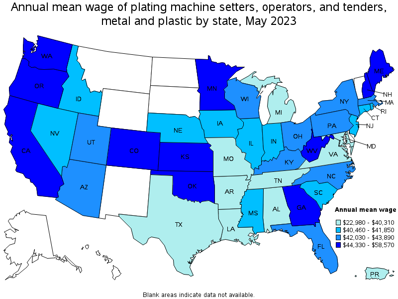 Map of annual mean wages of plating machine setters, operators, and tenders, metal and plastic by state, May 2021