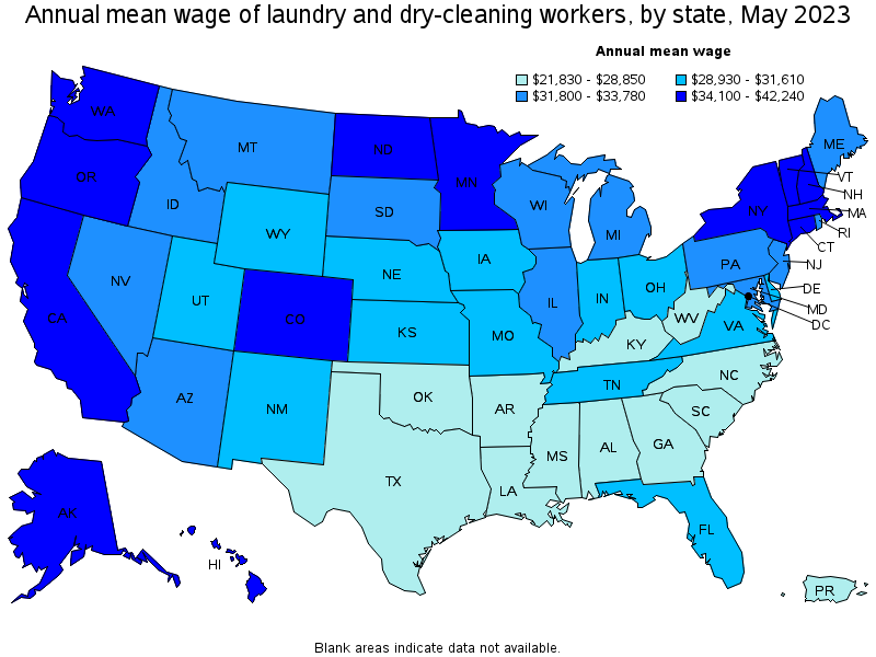 Map of annual mean wages of laundry and dry-cleaning workers by state, May 2021