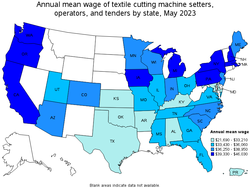 Map of annual mean wages of textile cutting machine setters, operators, and tenders by state, May 2022