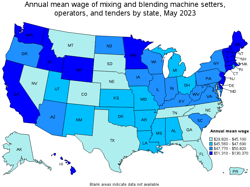 Map of annual mean wages of mixing and blending machine setters, operators, and tenders by state, May 2022