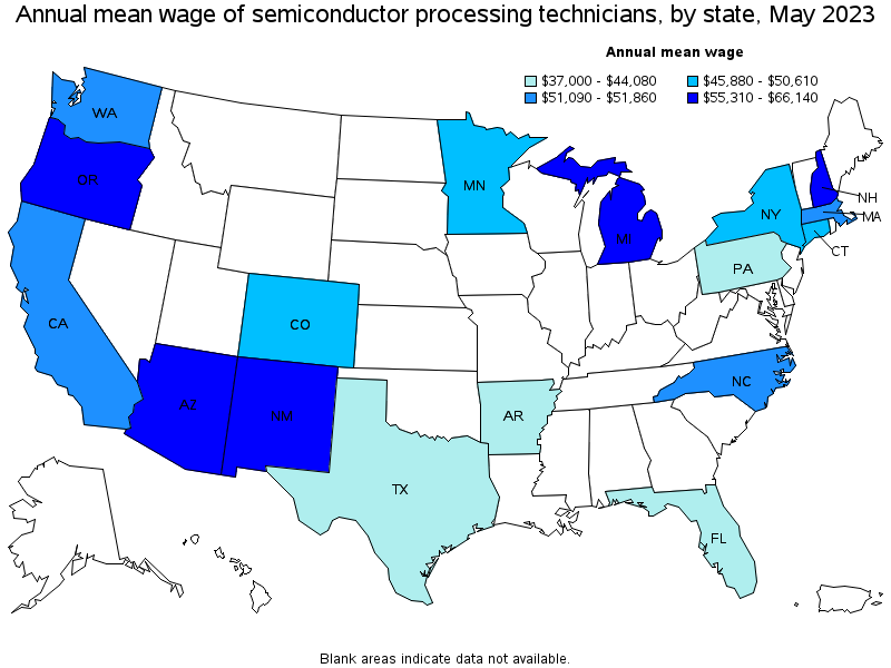 Map of annual mean wages of semiconductor processing technicians by state, May 2021