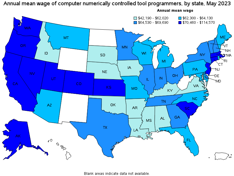 Map of annual mean wages of computer numerically controlled tool programmers by state, May 2021