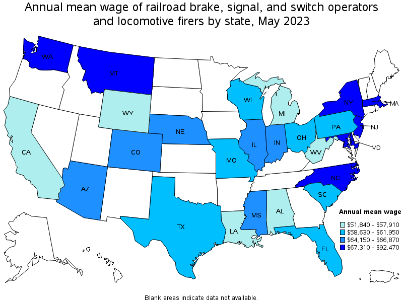 Map of annual mean wages of railroad brake, signal, and switch operators and locomotive firers by state, May 2022