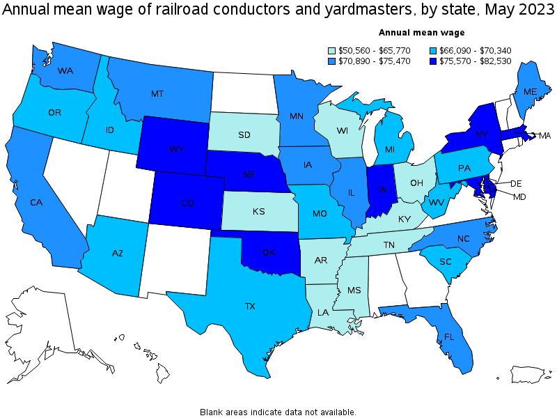 Map of annual mean wages of railroad conductors and yardmasters by state, May 2021