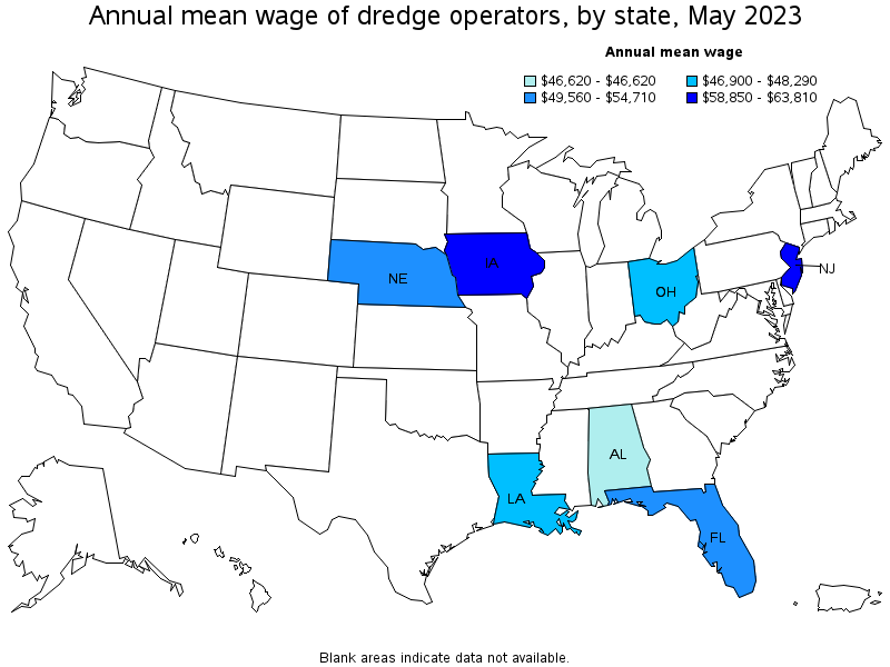 Map of annual mean wages of dredge operators by state, May 2021