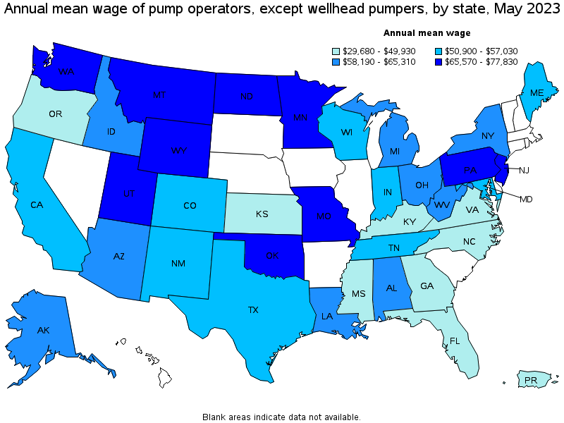 Map of annual mean wages of pump operators, except wellhead pumpers by state, May 2021