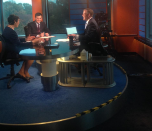 Commissioner Erica Groshen on the set with Eric Morath of the Wall Street Journal and C-SPAN host Peter Slen.