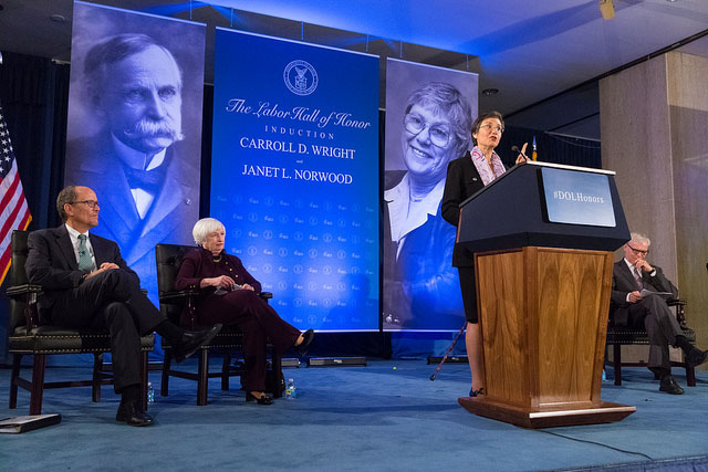 Commissioner Erica Groshen speaks at the Labor Hall of Honor with Labor Secretary Tom Perez, Federal Reserve Board Chair Janet Yellen, and Clark University president David Angel