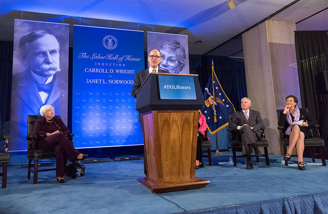 Labor Secretary Tom Perez speaks at the Labor Hall of Honor with Federal Reserve Board Chair Janet Yellen, Clark University president David Angel, and Commissioner Erica Groshen.