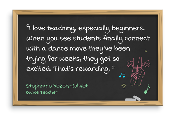 I love teaching, especially beginners. When you see students finally connect with a dance move they’ve been trying for weeks, they get so excited. That’s rewarding. Stephanie Yezek-Jolivet, Dance teacher