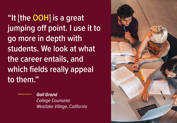 It [the Occupational Outlook Handbook] is a great jumping off point. I use it to go more in depth with students. We look at what the career entails, and which fields really appeal to them. — Gail Grand, College Counselor, Westlake Village, California