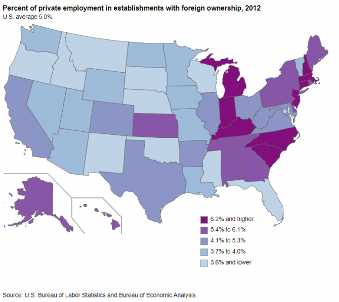 Map showing each state's percent of private employment in establishments with foreign ownership, 2012