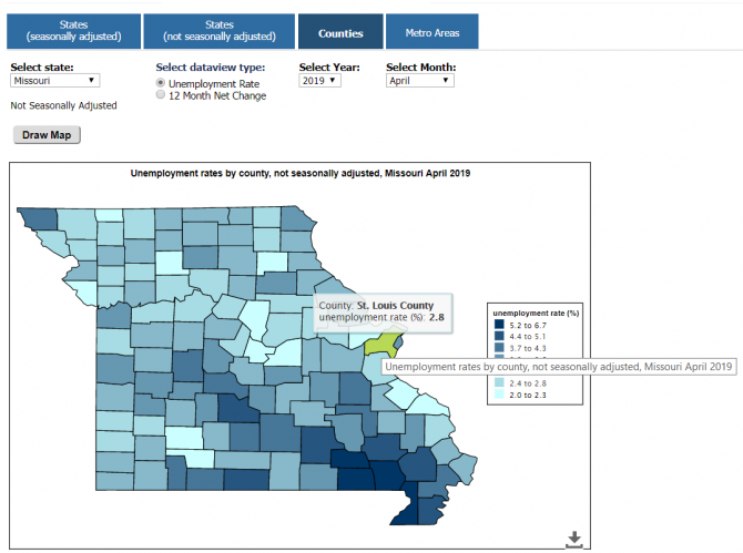Missouri map showing counties and their unemployment rates